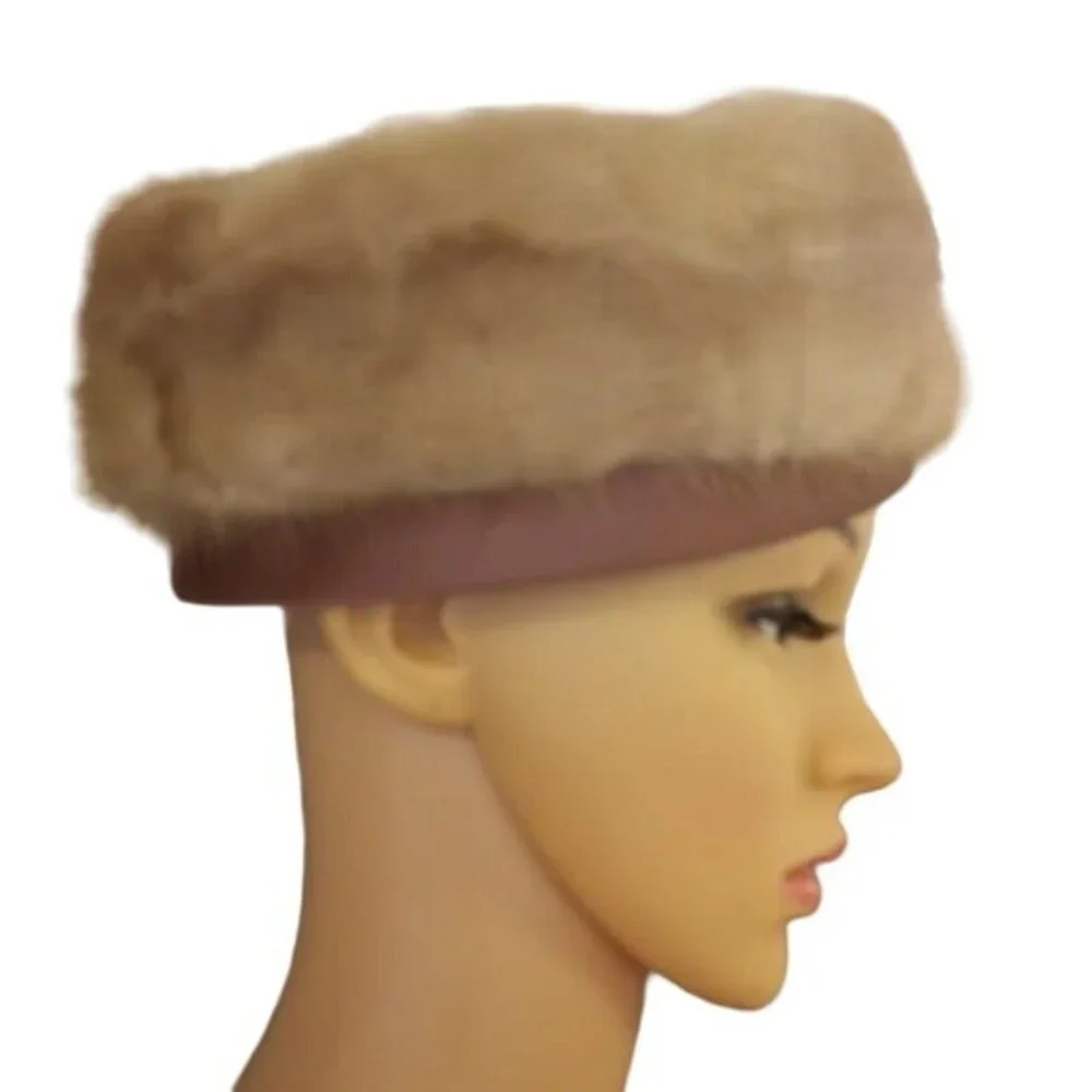 Vintage Blonde Mink Pillbox Hat Golden Tan Satin Trim w/Original Box Winkleman's